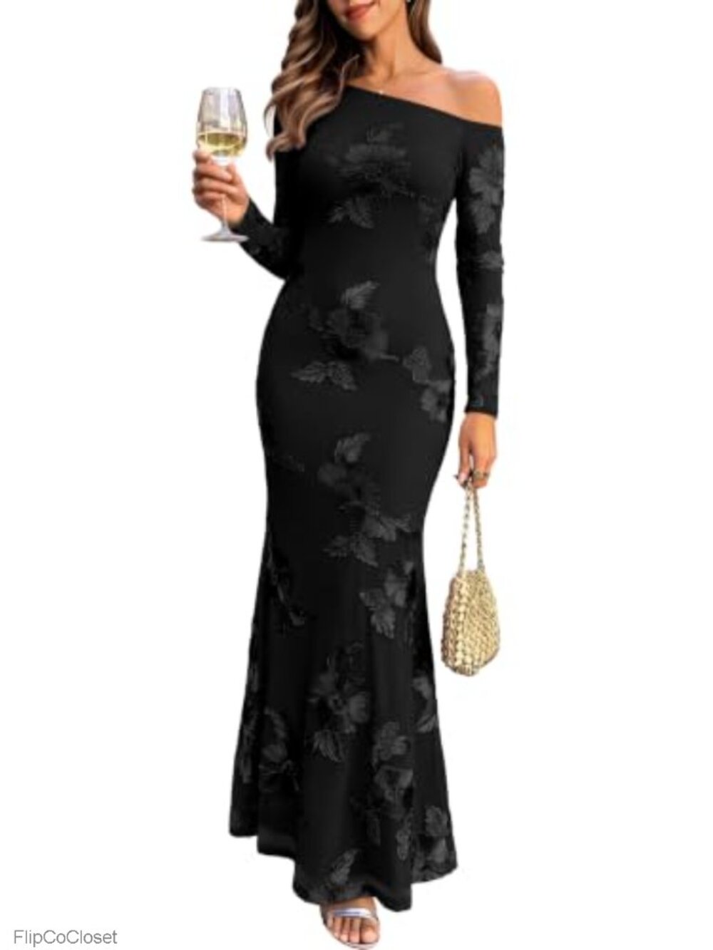 Slim Fit One Shoulder Maxi Dress with 3D Floral Print